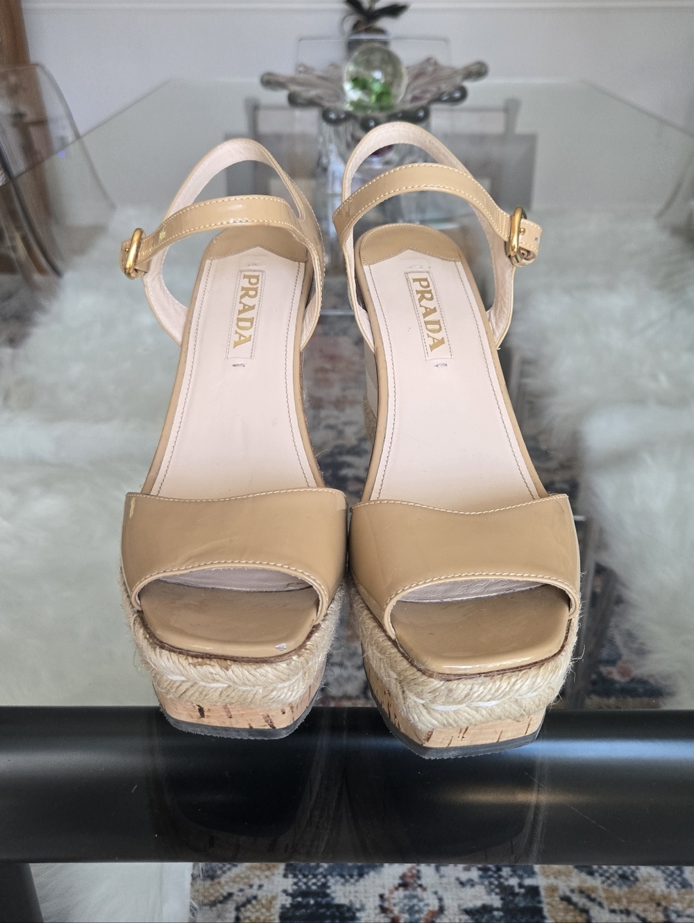 Prada Tan Beige Leather Espadrille Wedge Sandals Square Peep Toe Heels 40 - Picture 3 of 15